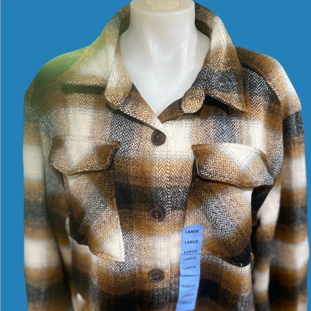 Plaid Button-Up Shacket Jacket- Brown and Cream - Picture 2 of 5